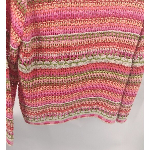 Norm Thompson Vintage Pink Green Red Striped Open Knit Crocheted Cardigan Size M - Picture 6 of 7